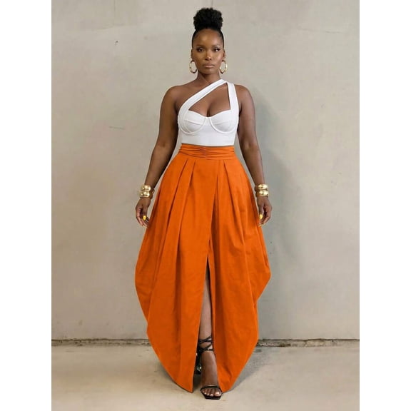 Orange Oversized Pleated Maxi Skirt With Front Slit, Elegant Resort Style For Daily Wear And Parties