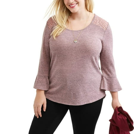 Juniors' Plus Lace Yoke Blouse With Ruffle Sleeve and Necklace 2fer