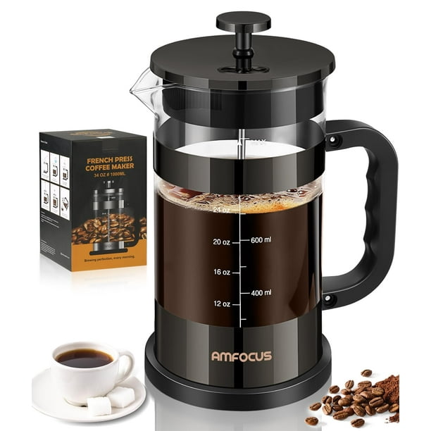 Cafetera de prensa francesa, prensa de café clásica de 34 oz, cafetera de vidrio de borosilicato resistente al calor con filtros de desmontaje de 4 niveles, cafetera portátil de preparación fría para