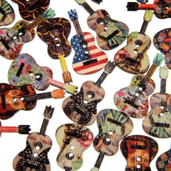 2-Hole 100pcs Vintage Style Guitar Shape Printed Wooden Sewing Buttons for Craft Sewing Scrapbooking DIY Decorative