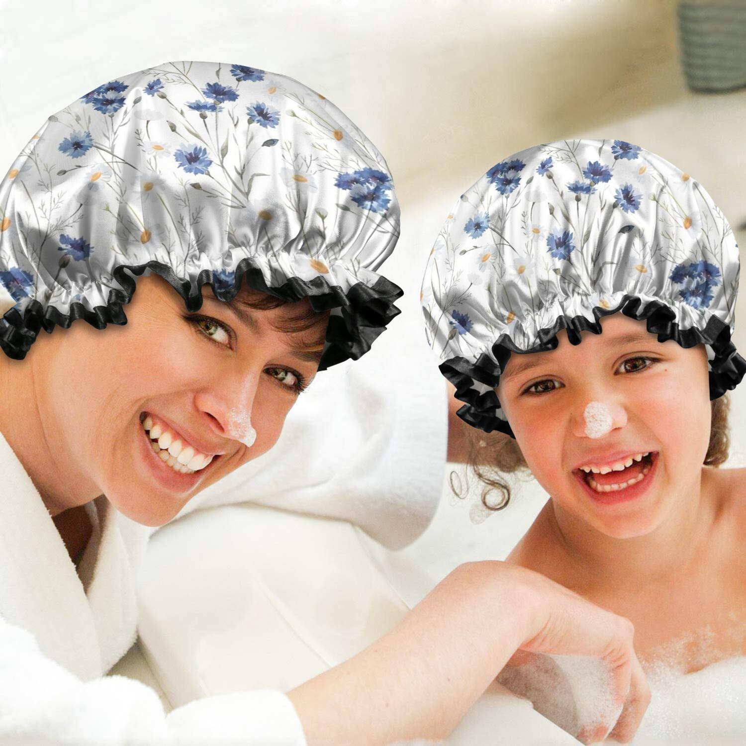 Shower Caps,White Daisy Flower Pattern Waterproof Shower Cap for Women 4 Pieces,Double Reusable Hair Cover for Shower PEVA Elastic Stretch Hem