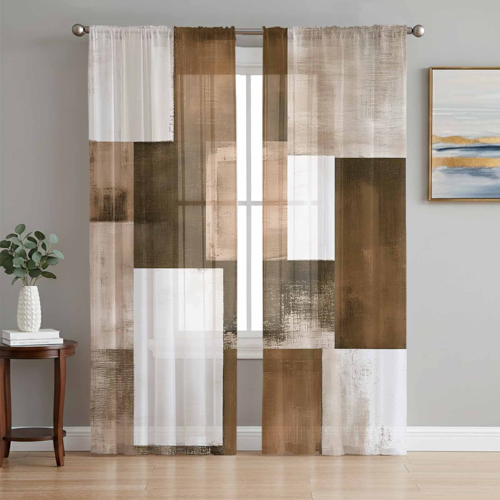 Brown Geometric Semi Sheer Curtains 84 Inch Length 2 Panels Set Vintage Oil Painting Contemporary Sheer Kitchen Curtain Privacy Voile Window Curtain for Living Room Bedroom Rod Pocket Drapes