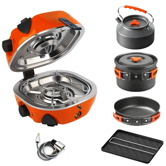 20000 BTU Dual-Head Propane Camping Stove, a foldable portable gas stove with a 6-piece cookware set and storage bag, suitable for RVs, outdoor picnics, camping, and barbecues. (Orange)