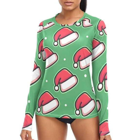 joogoo Womens UPF 50  Sun Shirts Christmas Hat Long Sleeve UV Protection Rash Guard Tops S