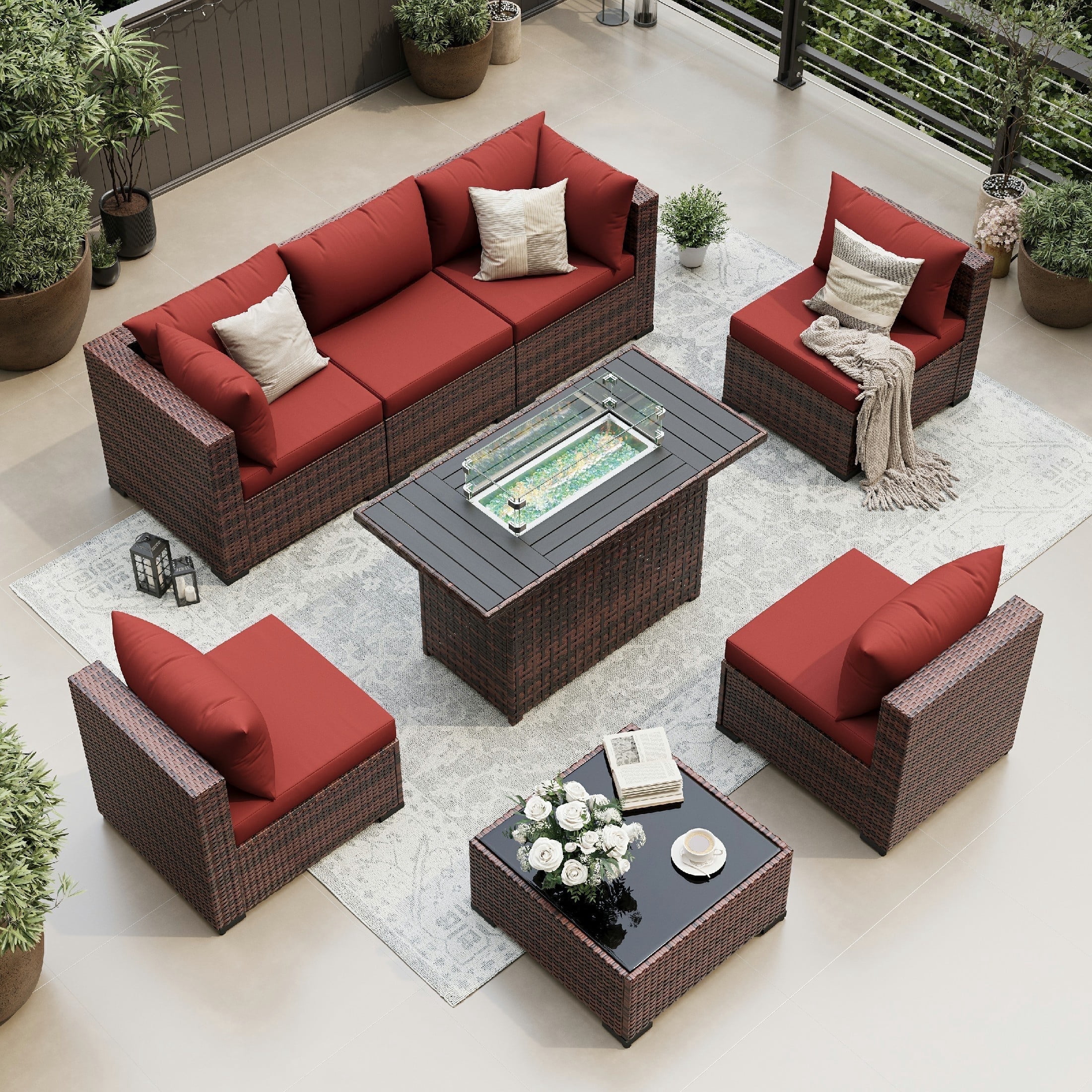 UDPATIO Patio Furniture Sets, Modular Rattan Outdoor Patio Sectional Furniture with 44" Fire Pit Table,, Wicker Patio Conversation Set for Backyard, Deck, Poolside w/Glass Coffee Table, 7PC Wine Red