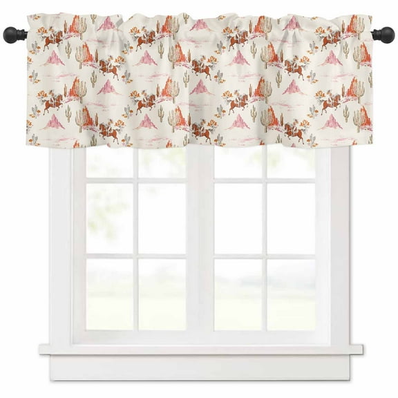 Pink Western Cowboy Valances for Windows Farmhouse Kitchen Curtains Valances Rod Pocket Valance Curtains for Kitchen Windows Retro Ethnic Horse Cactus Plants Window Valances for Bathroom 42"x12"