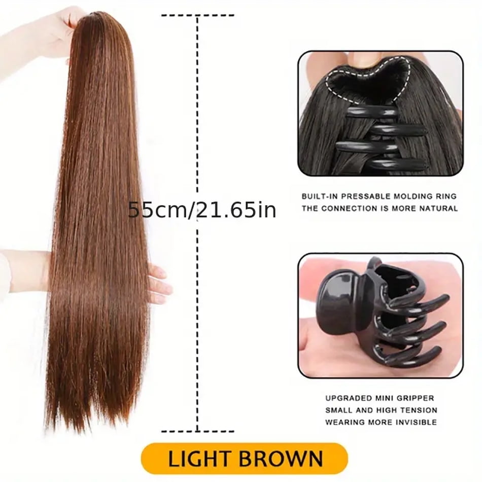 22Inches Long Straight Synthetic Claw Clip Ponytail Extension Brown Black Synthetic Ponytail Wig With Mini Claw Clip For Women