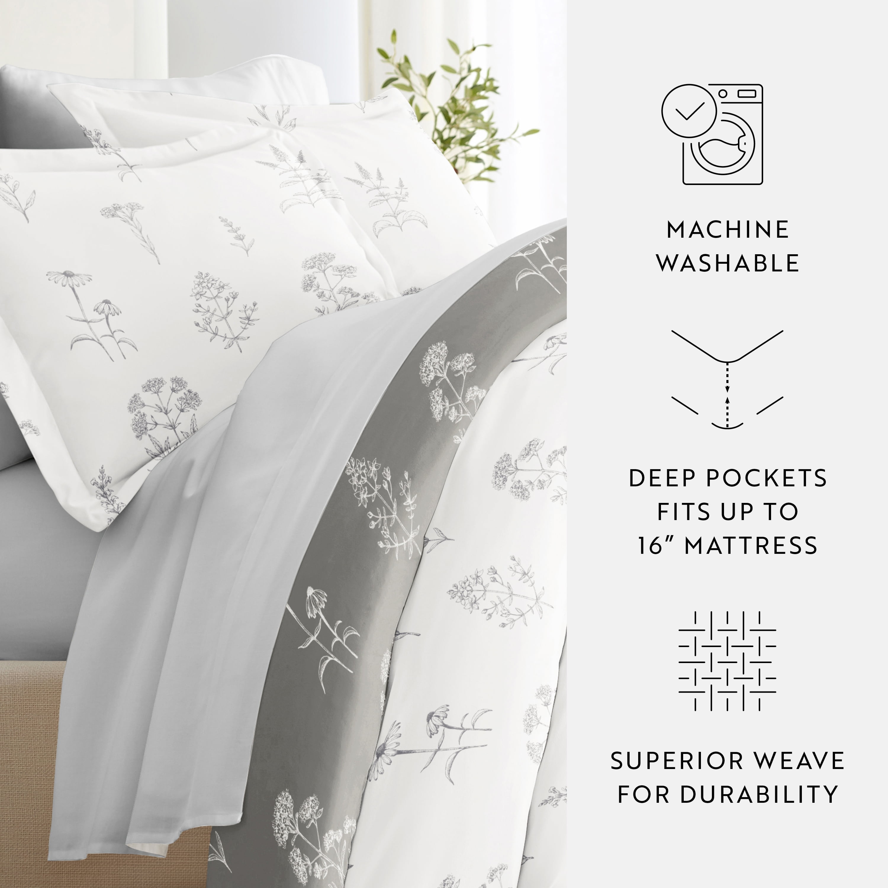 Noble Linens 7 Piece Patterned Duvet Bedding Bundle, Botany Floral Gray, Twin
