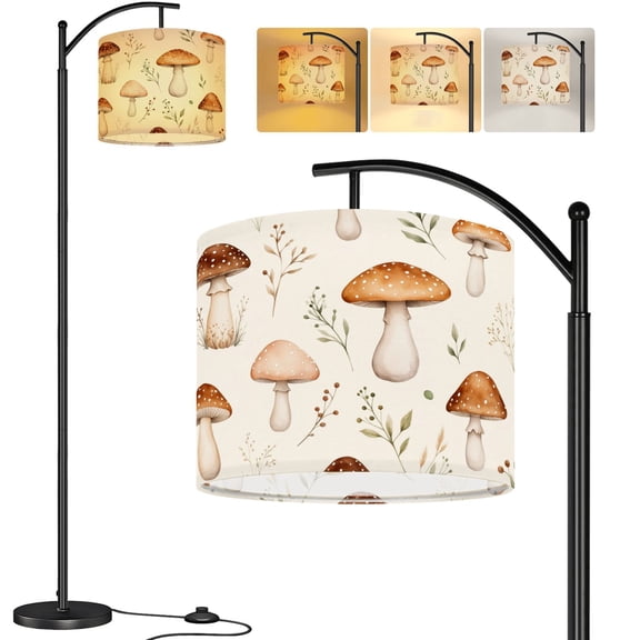 Arc Floor Lamp Hand Drawn Mushrooms Foliage Tall Modern Standing Lamp LED Adjustable Linen Lampshade 3 Color Temperatures