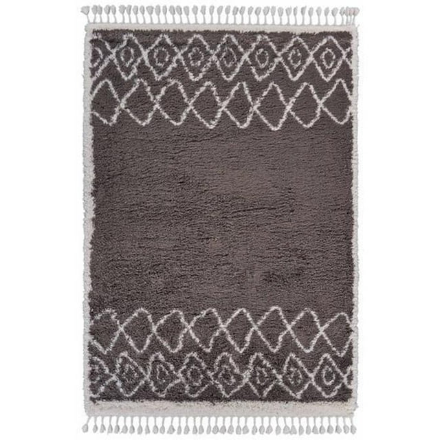 LR Resources OUTLA81527DGW5370 Geometric Fringe Rectangle Shag Rug Dark Gray & Cream - 5 ft. 3 in. x 7 ft.