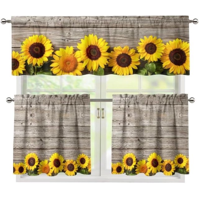 Kitchen Curtain Valance and Tiers Set of 3 Yellow Sunflower Wooden Board Light Filtering Drape Window Rod Pocket Cafe Bar Window Curtains,24" Length Tier Curtains with Valance,Kitchen Decor