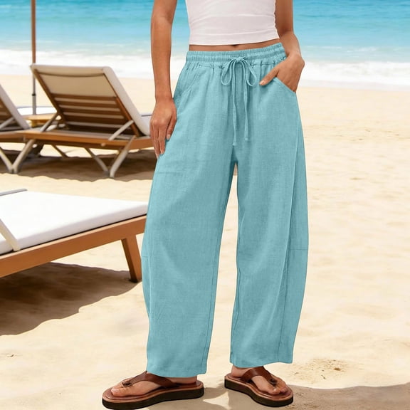 IUYRTFE Women's Cotton Linen Drawstring Wide Leg Pants Casual Barrel Leg Trousers with Pockets