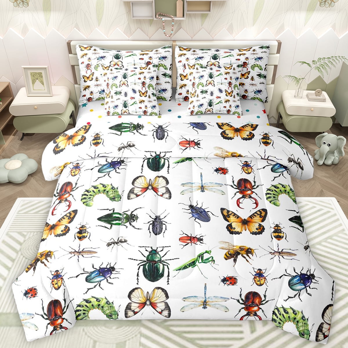 Homewish Wild Flying Animal 7-Piece Bedding Comforter Set Bohemain Moth King Bedding Sets White Green Brown Bed Sheets For Teens Super Cozy Room Decor Reversible