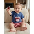 thumbnail image 5 of BemeyourBBs 2Pcs Toddler Baby Boy 4th of July Outfit Newborn Baby Boys Patriot Independence Day Summer Clothes Short Sleeve America Flag in Truck Embroidery TShirt Tops and Plaid Pockets Shorts Set, 5 of 9