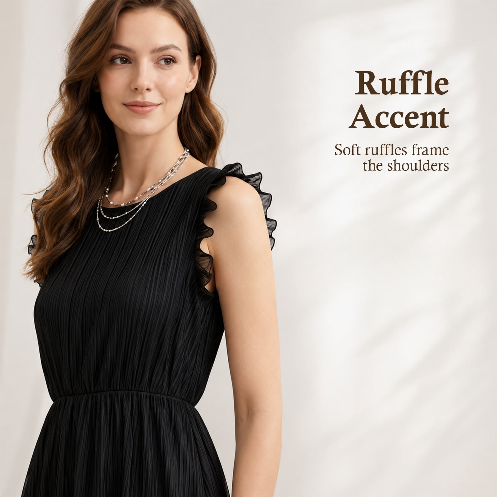 Alvantor Women's Pleated Midi Dress with Ruffle Sleeves, Black