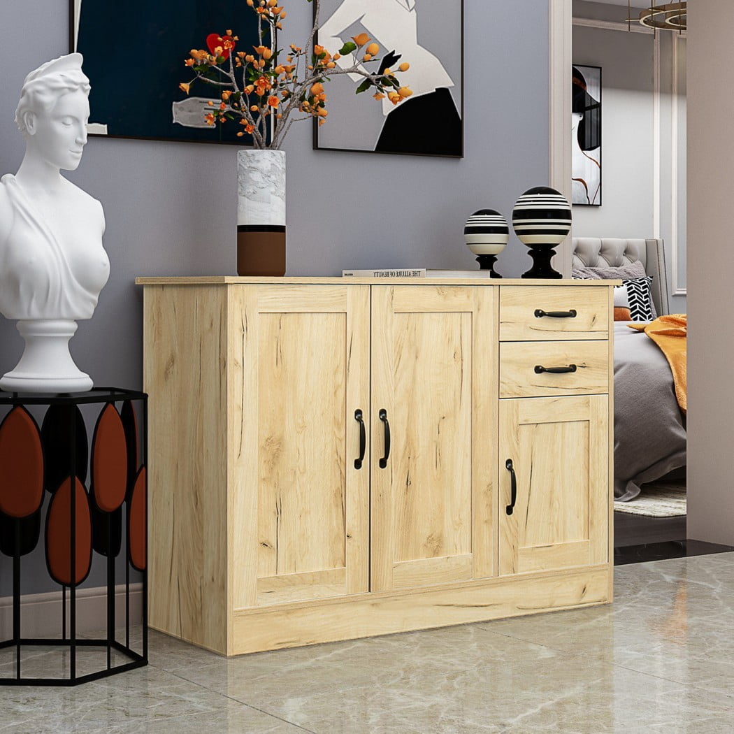 Modern Wood Sideboard Cabinet, 43.3" Buffet Storage Cabinet with 2 Doors, 2 Drawers & Adjustable Shelf, Console Table for Dining Room, Living Room & Entryway, Oak
