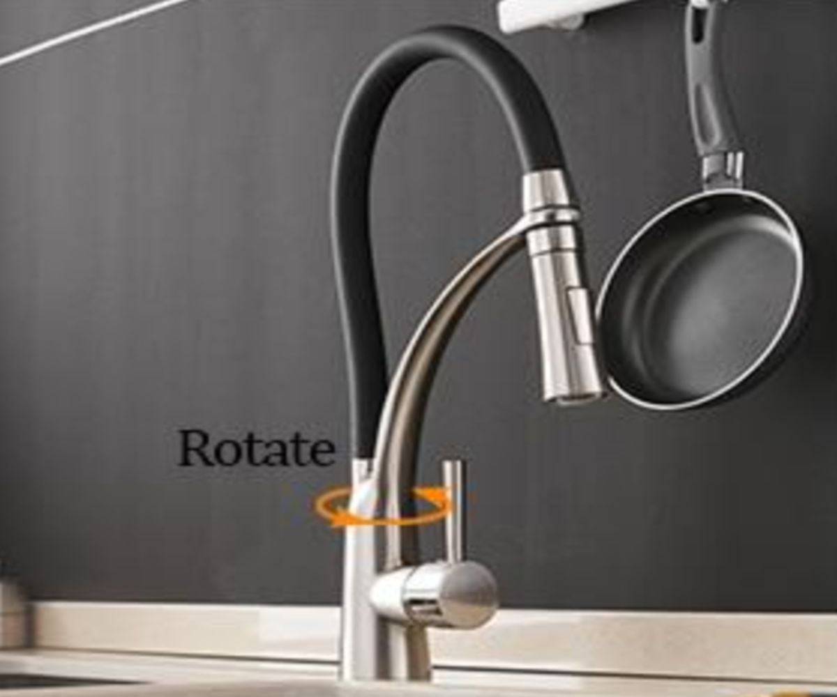 DROP Bath and Kitchen DR091020 Robinet d'évier de cuisine monotrou en laiton avec forme ronde en couleur Chrome/Noir
