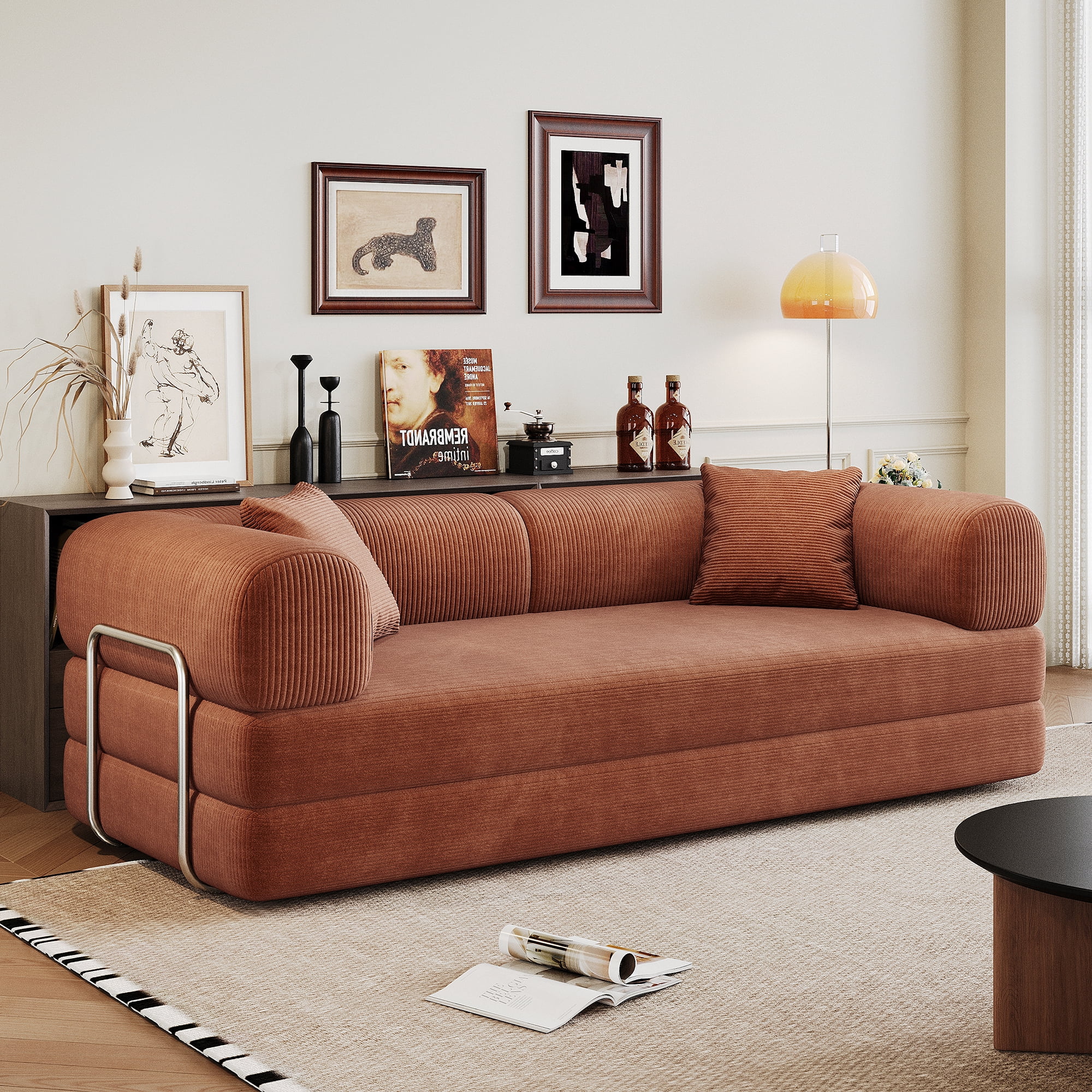 Leumius 78.8" Convertible Sofa Bed with Fixed-Shape Frame & Support Armrest,Modular Corduroy Sleeper Sofa,Boneless Couch Folding Mattress Couch for Small Spaces - No Assembly Needed,Brown