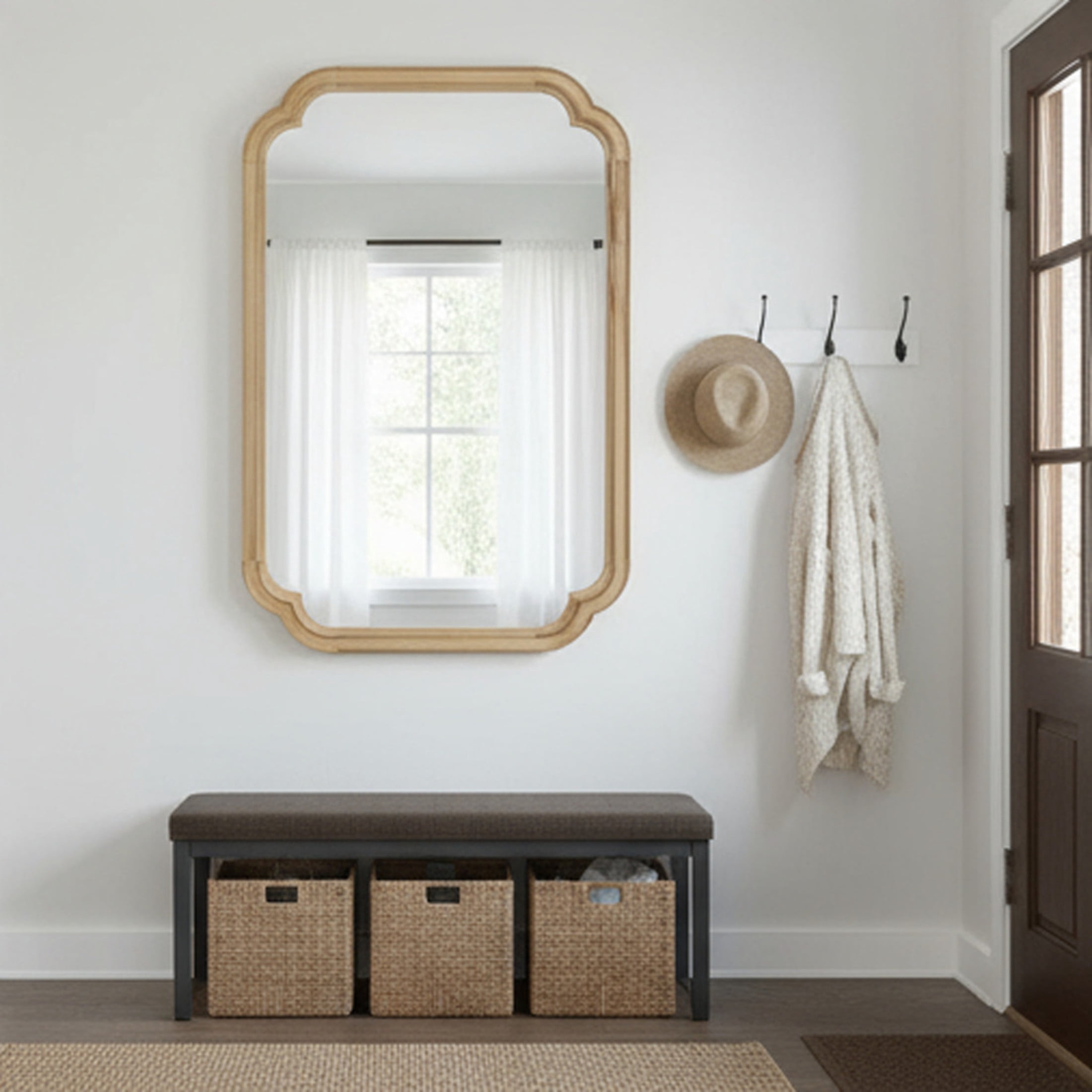 Noble House 24x36 Inch Rounded Corner Wall Mirror, Solid Wood Decorative Vanity Mirror, Natural