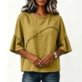 thumbnail image 2 of Lenpel Cotton Linen Shirts for Women Crew Neck Half Sleeve Boho Tops Casual Vintage Frayed Blouses Beach Vacation Clothes, 2 of 5