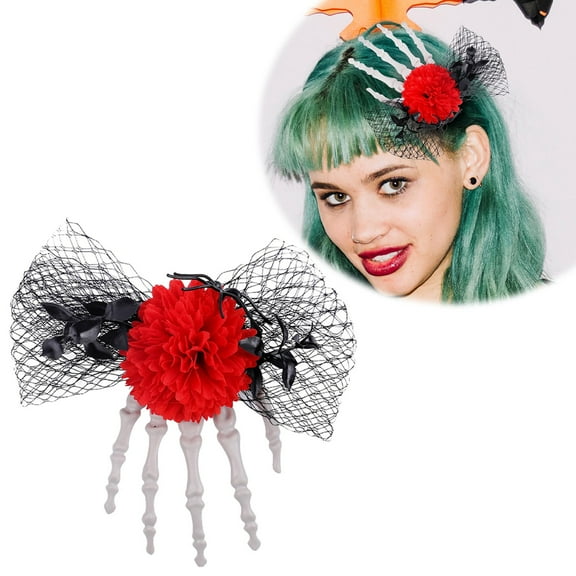 Terrifying Hand Bone Rose Hair Clip Halloween Gothic Unique Dress Up Accessory Mesh Side Decoration Elegant Barrette