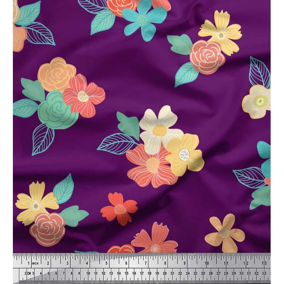 Soimoi Purple Velvet Fabric Leaves & Floral Artistic Printed Craft Fabric by the Yard 58 Inch Wide