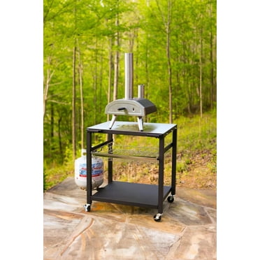 NUUK Double-Shelf Rolling Outdoor Pizza Oven Table, BBQ Grill Cooking Cart and Food Prep Station with Slide Basket Drawer