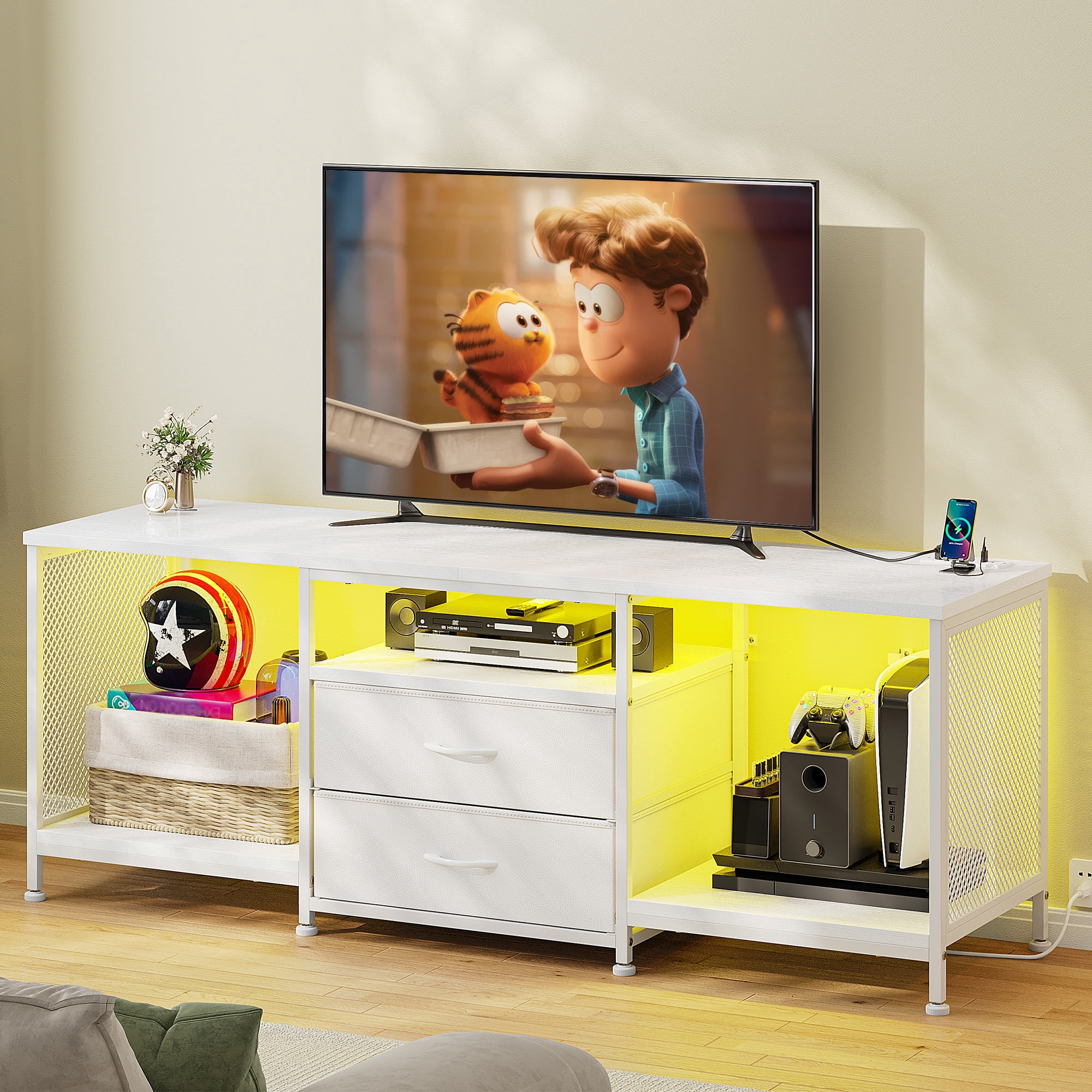 Dresser with Power Outlets & LED Lights Dresser for Bedroom with 2 Drawers TV Stand with Open Storage Shelves,White