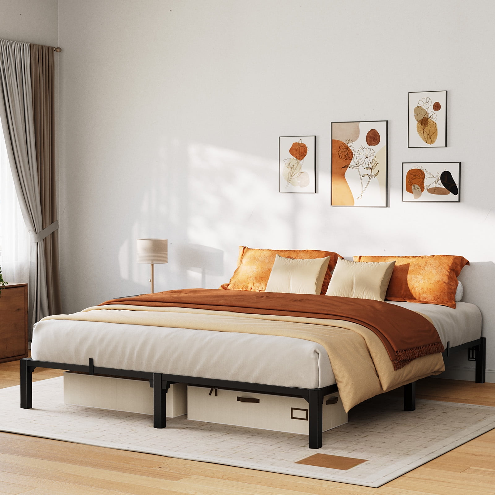 King Size 10" High Platform Bed Frame, Heavy Duty Steel Slat Support with Underbed Storage, 800 lb Capacity, No Box Spring, Tool-Free No-Screws Assembly, Easy Setup (Black)