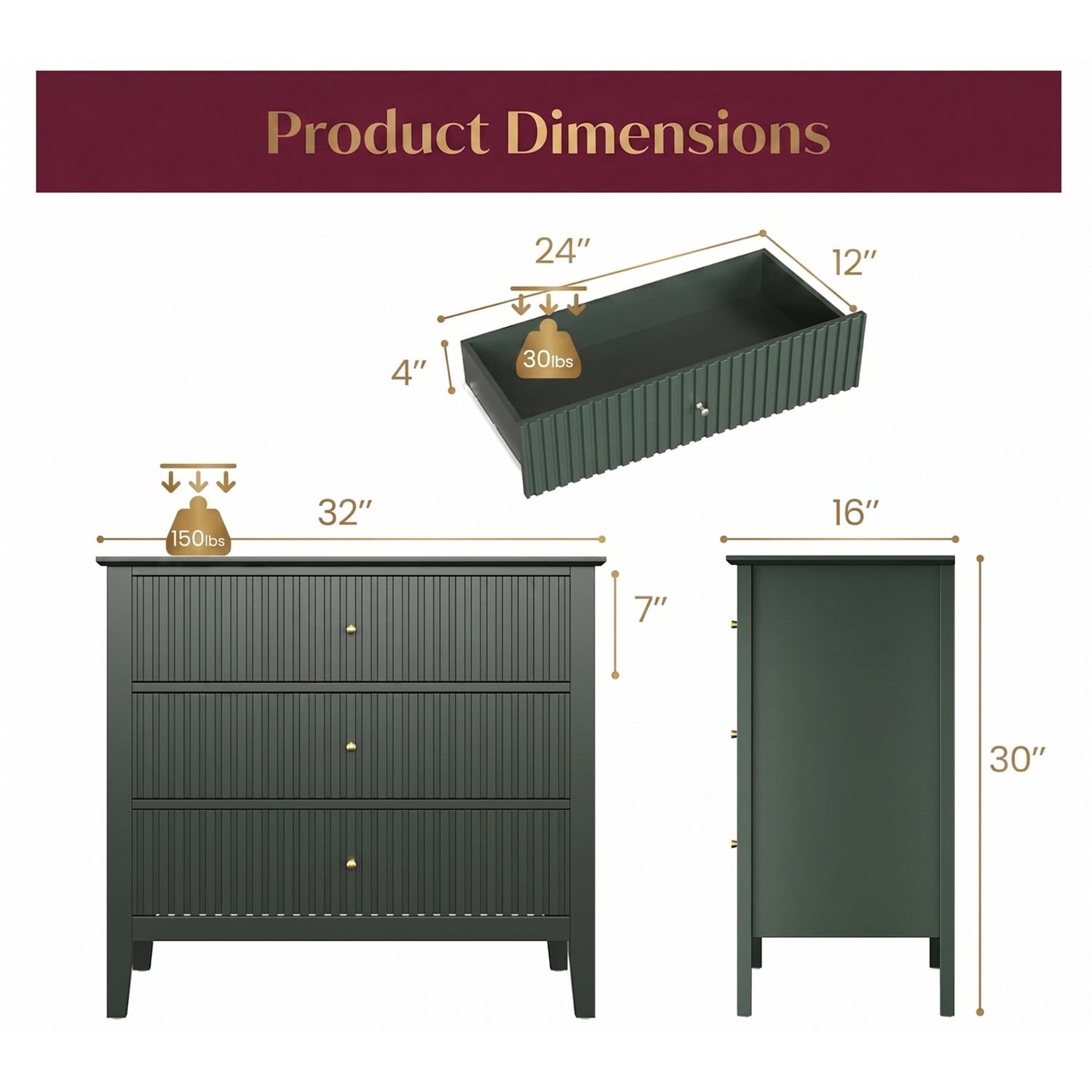 Hommoo 32"W Wooden Fluted 3-Drawer Nightstand, Large Modern Bedroom End Table, Green