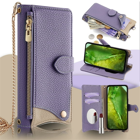 Allytechgroup Wallet Case for Google Pixel 6a with Makeup Mirror, Detachable Metal Shoulder Strap Cards Slots Zipper Pocket Shockproof Protective Phone Case for Google Pixel 6a, Purple