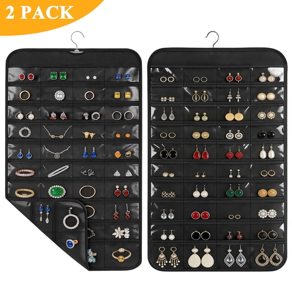 Yalumo 2 pack Hanging Earring Holder Organizer, 80 Clear Pockets Jewelry Organizers and Storage, Earring Holder Organizer for Hanging Earrings, Necklaces, Bracelets, Rings, Storage, Closet