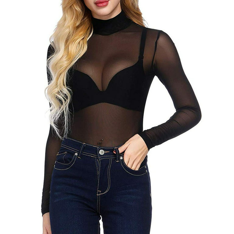Women See-Through Tops Long Sleeve Mesh Shirt Seamless Arm Shaper Blouse XL  Black-2 