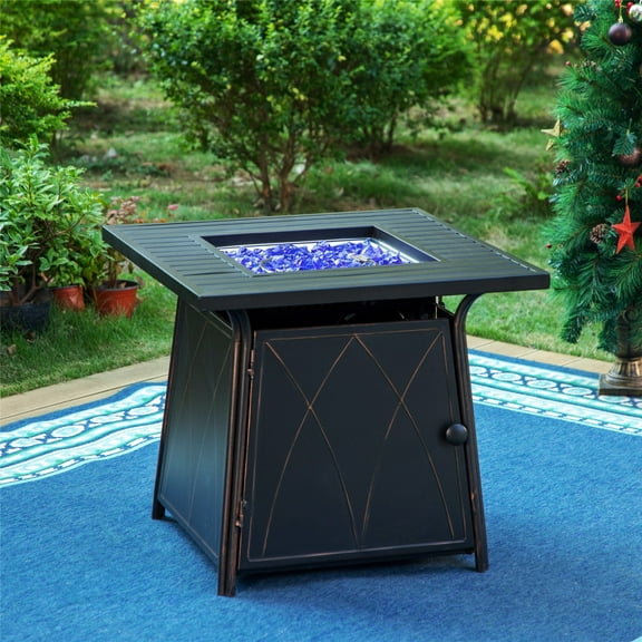 Summit Living 28" Propane Gas Fire Pit Table with 50,000 BTU Heat Output & Blue Fire Glass & Lid, Black