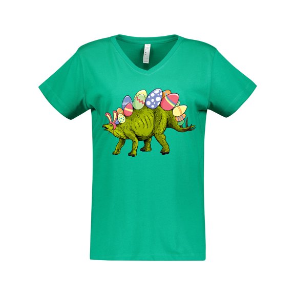 Inktastic Easter Bunny Stegosaurus with Eggs and Pink Ears Women's V-Neck T-Shirt