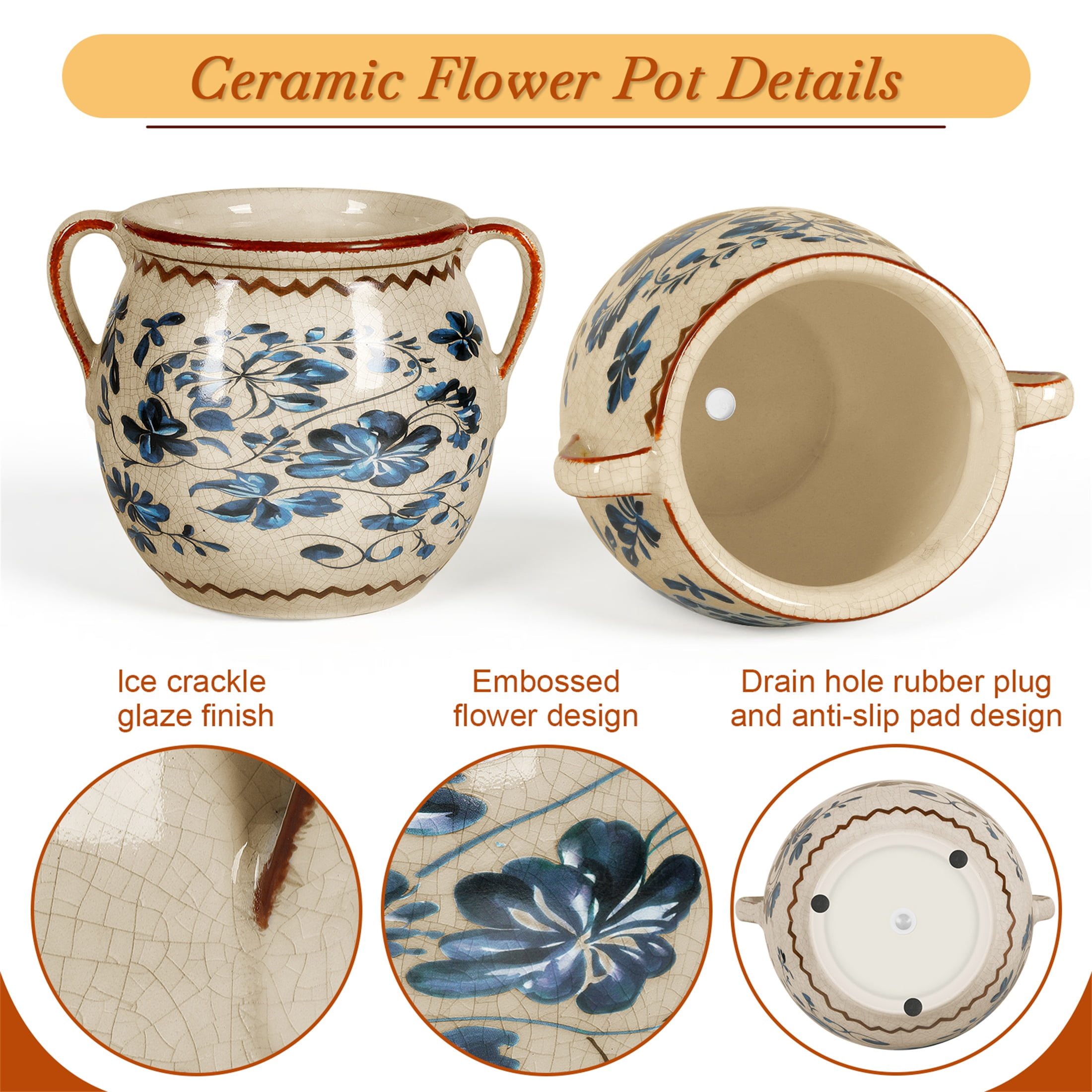 BUYMAX Vintage Ceramic Flower Pot with Handles, pretty Blue Planter with Drainage Hole for Succulents, Indoor Outdoor Farmhouse Home Decor