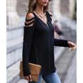 thumbnail image 4 of Mujer Manga Larga Top Cuello En V Cremallera Hombro Frío Color Puro Tipo Suelto Camiseta Casual Negro XXL, 4 of 8