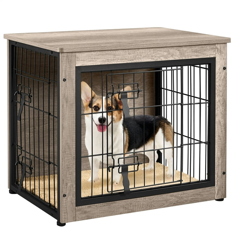 Alden Design 27.5"W Dog Crate Furniture with Anti Skid Plush Mat, Gray