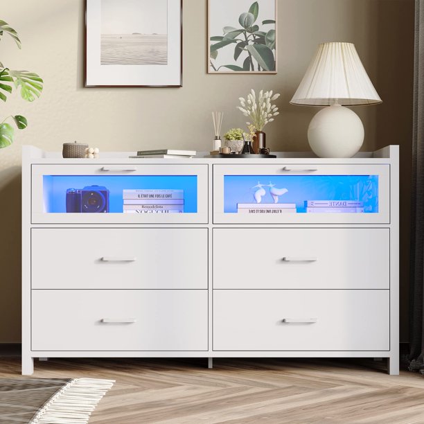 6 Drawer Dressers with LED Lights for Bedroom, White Finish