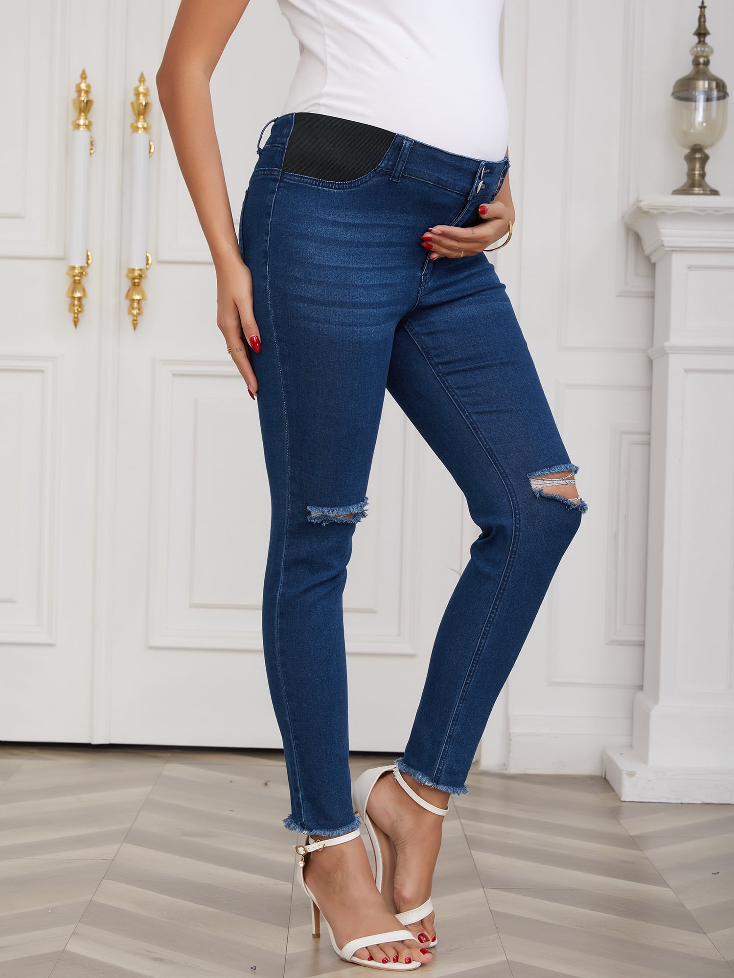 DARING DIVA Women's Maternity Stretchy Ripped Pregnancy Work Denim Pants M Deep Blue