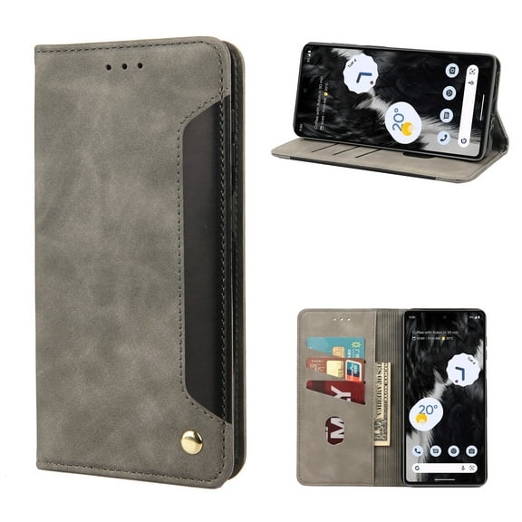 ELEHOLD for Google Pixel 7 Flip Wallet Case, Slim Shockproof Premium Vintage PU Leather Magnetic Closure Built-in Card Holders Kickstand Function Wallet Purse Case,gray