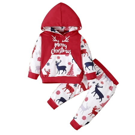 

ZMHEGW Toddler Baby Kids Girls Boys Christmas Print Hoodies Pullover Tops Pants Trousers Set Outfits Clothing Set