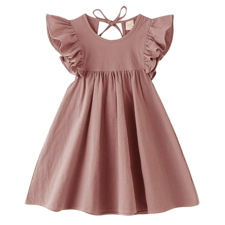 

JNKLWPJS Toddler Linen Dress Baby Girls Ruffle Halter Sleeveless Casual Party Dresses Dark Pink 110CM