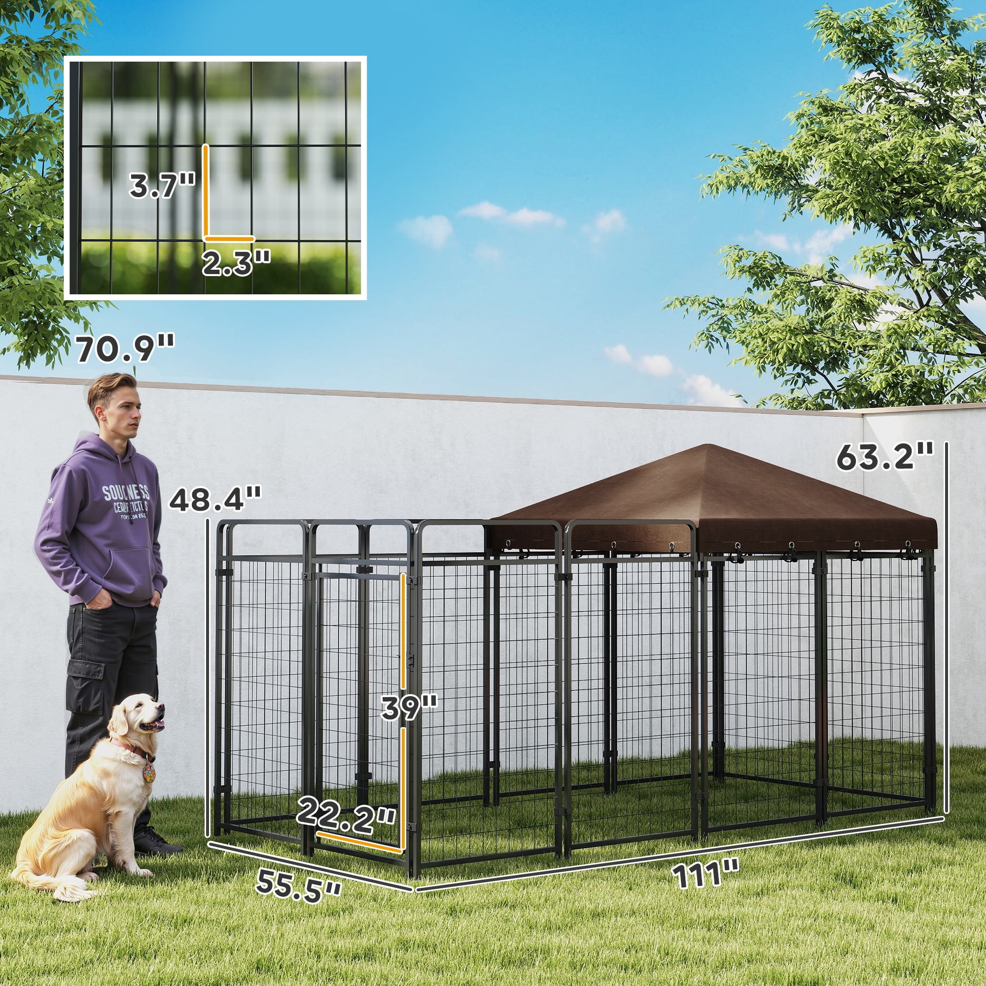 PawHut Dog Kennel Outdoor with Waterproof Canopy, Galvanized Chain Link, for Backyard and Patio, Large and Medium Sized Dog, 9.3' x 4.6' x 5.2'