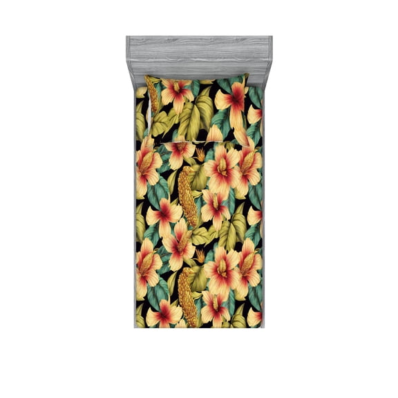 Hawaiian Fitted Sheet & Pillow Sham Set, Vintage Tropical Pattern of Pinkish Hibiscus Flowers Leaves Bouquets, Decorative Printed 2 Piece Bedding Decor, Twin, Amber Fawn and Teal, by Ambesonne