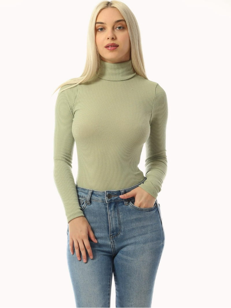 MixMatchy Women's Long Sleeves Ribbed Sweater Turtleneck Bodysuit