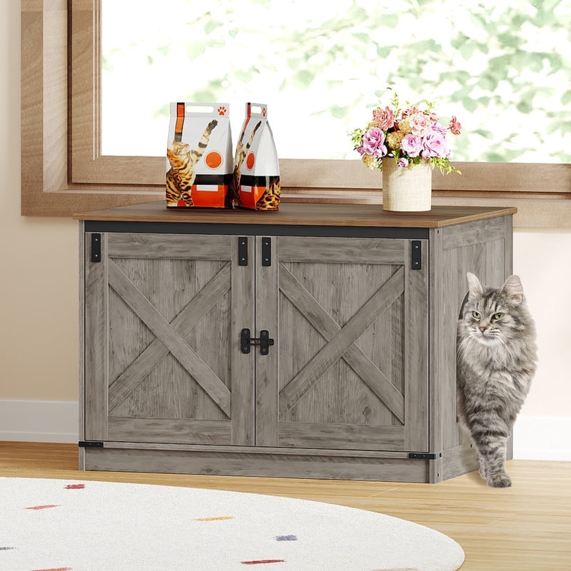 Hzuaneri 31.5 inch Cat Litter Box Enclosure Hidden Litter Box Furniture with Divider Wooden Cat Cabinet with Removable Dividers Cat Washroom Farmhouse Style Greige