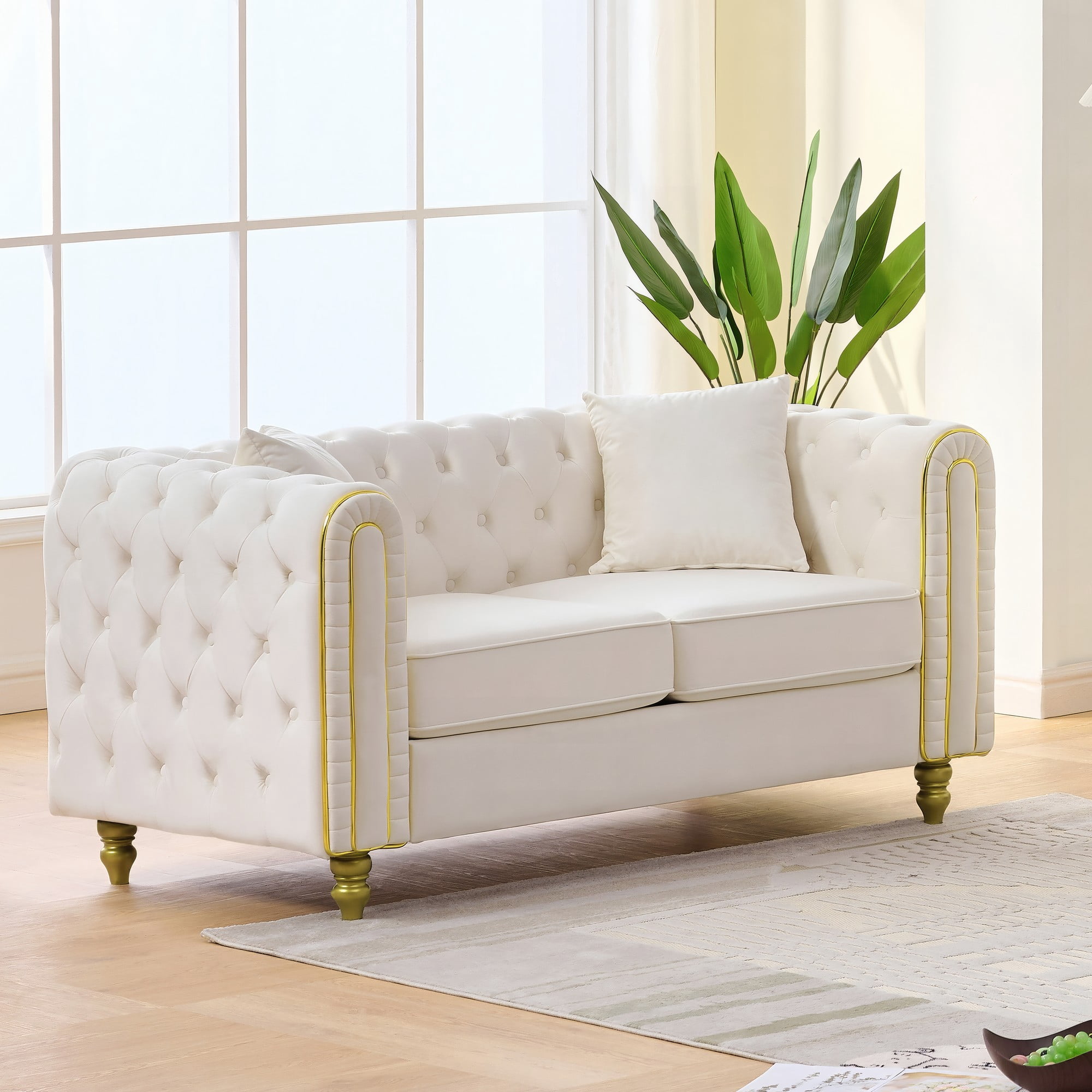 LHKJ 63 Velvet 2-Seater Sofa with Button Tufting Rolled Arms and Gold Legs Beige