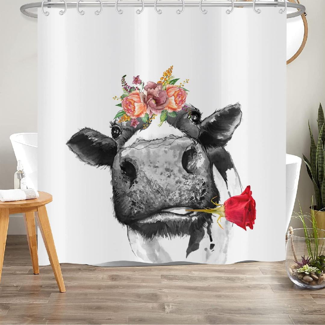 Farmhouse Highland Cow Shower Curtain, Rustic Country Cattle with Red Rose Floral Flower White