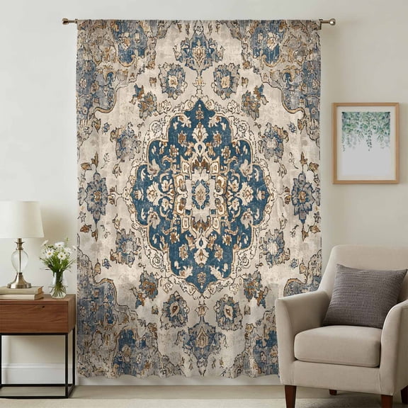 Blue Brown Boho Sheer Curtains 84 Inches Long, Ethnic Vintage Southwestern Geometric Light Filering Curtains, Breathable Simi Curtain Privacy Drapes for Living Room Bedroom Window Treatment